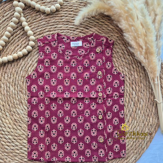 Maroon floral handblock cotton Side Button Jablas (0-3years)