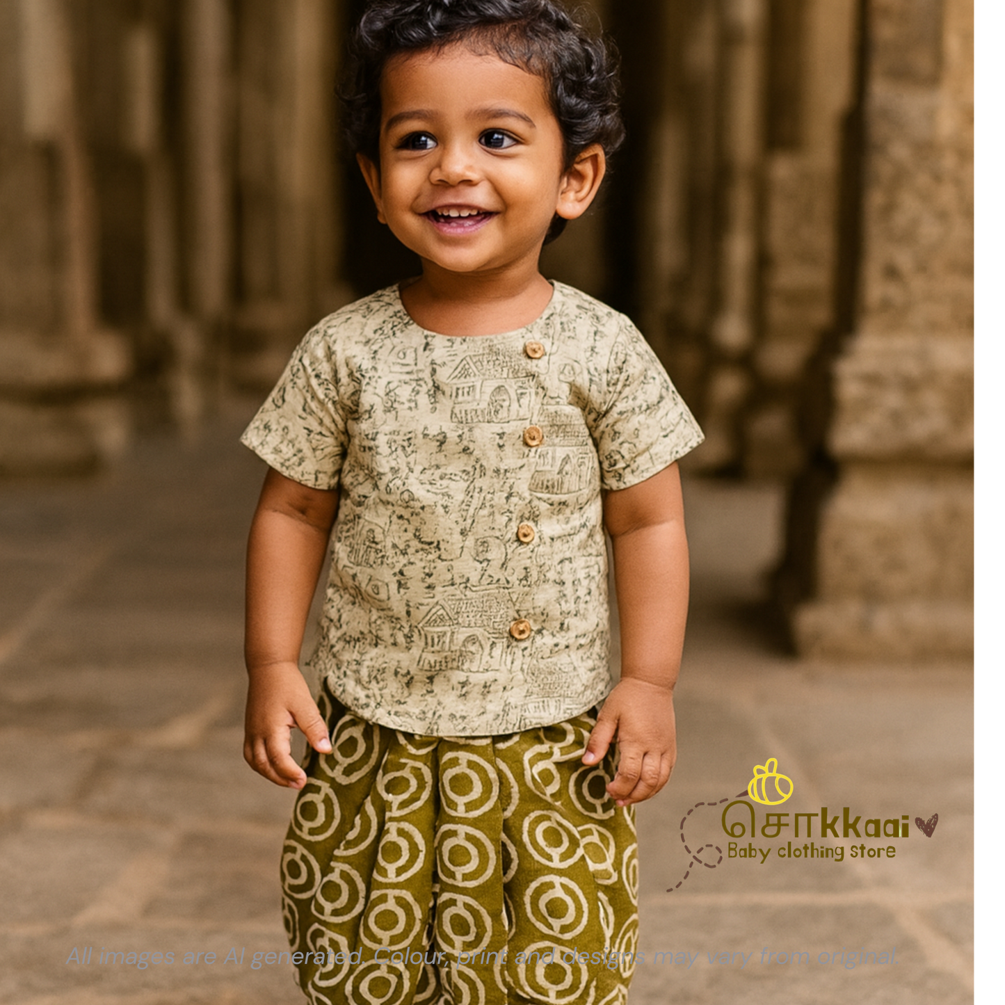 Olive green Village tale Cotton Kids dhoti set (0-3yrs) - Sokkaai