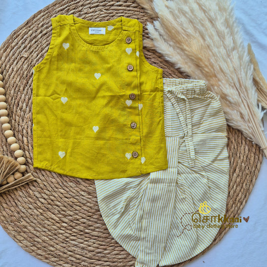 Mustard yellow heart cotton kids dhoti set (0-5yrs) - Sokkaai