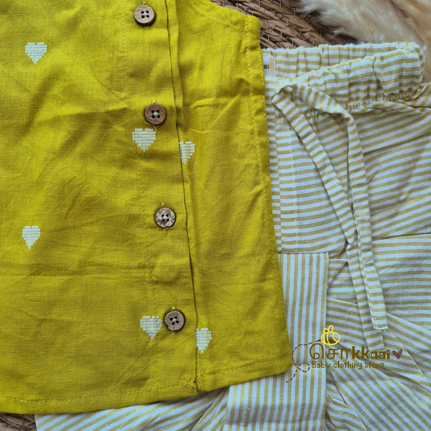 Mustard yellow heart cotton kids dhoti set (0-5yrs) - Sokkaai