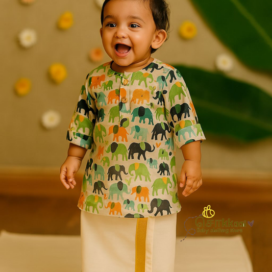 Mixed elephant Mid length kurta with elbow sleeve (0 to 6years)