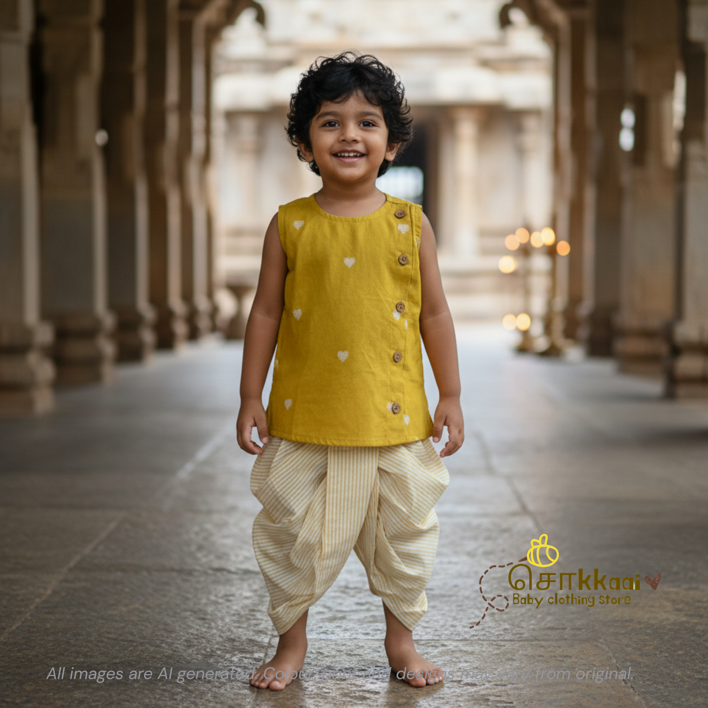 Mustard yellow heart cotton kids dhoti set (0-5yrs) - Sokkaai