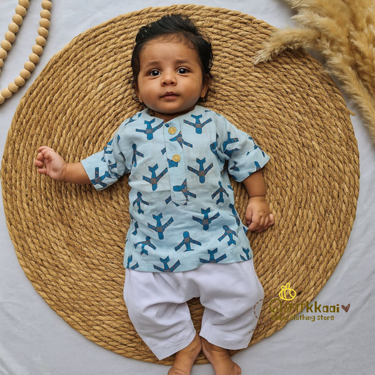 Blue Aeroplane Mid length kurta with elbow sleeve (0 to 6years)