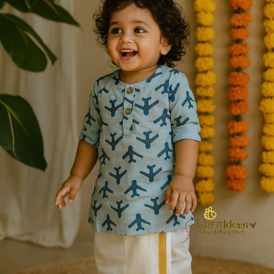 Blue Aeroplane Mid length kurta with elbow sleeve (0 to 6years)