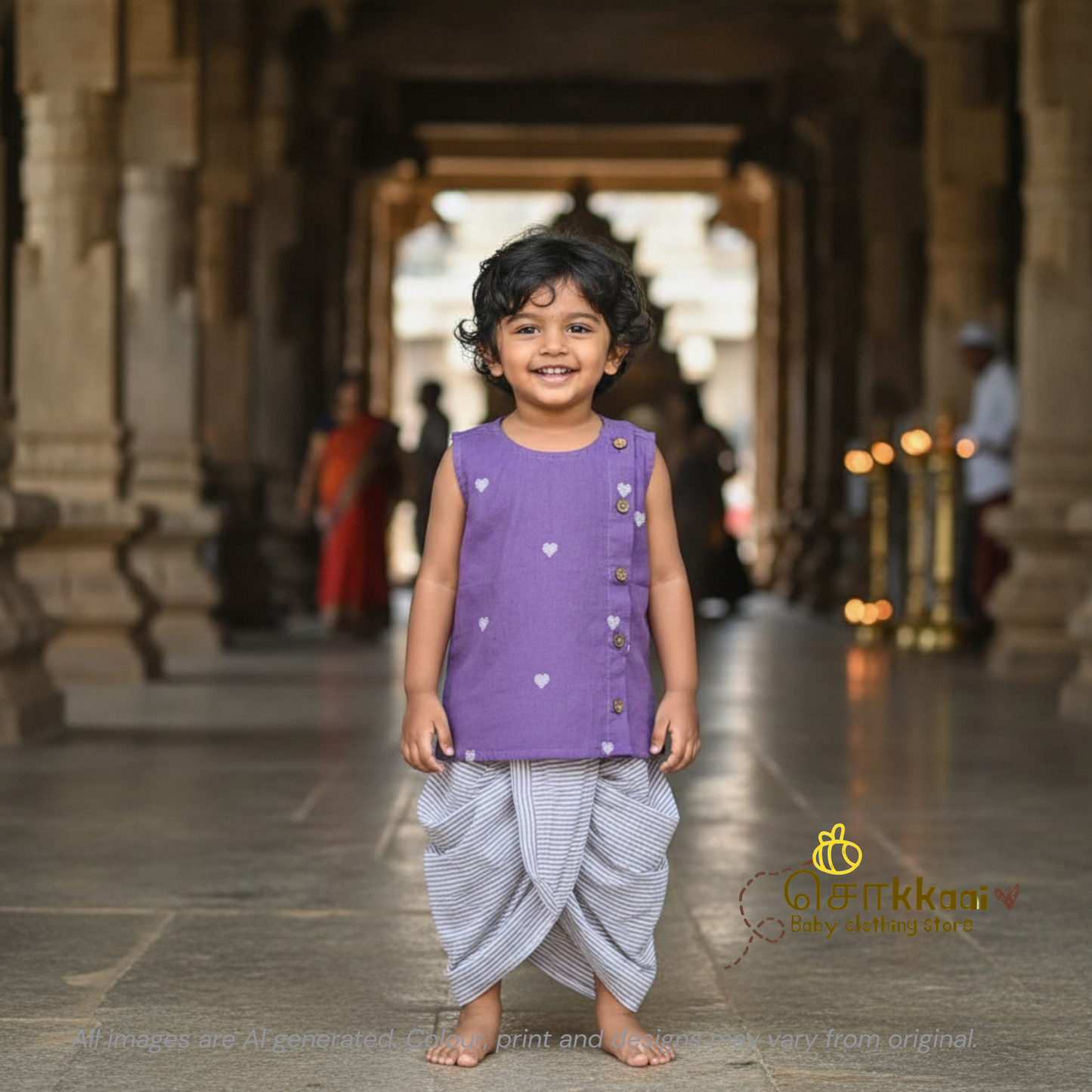 Purple heart cotton kids dhoti set (0-5yrs) - Sokkaai