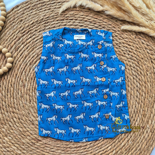 Blue horse side button sleeveless top (0-3years) - Sokkaai