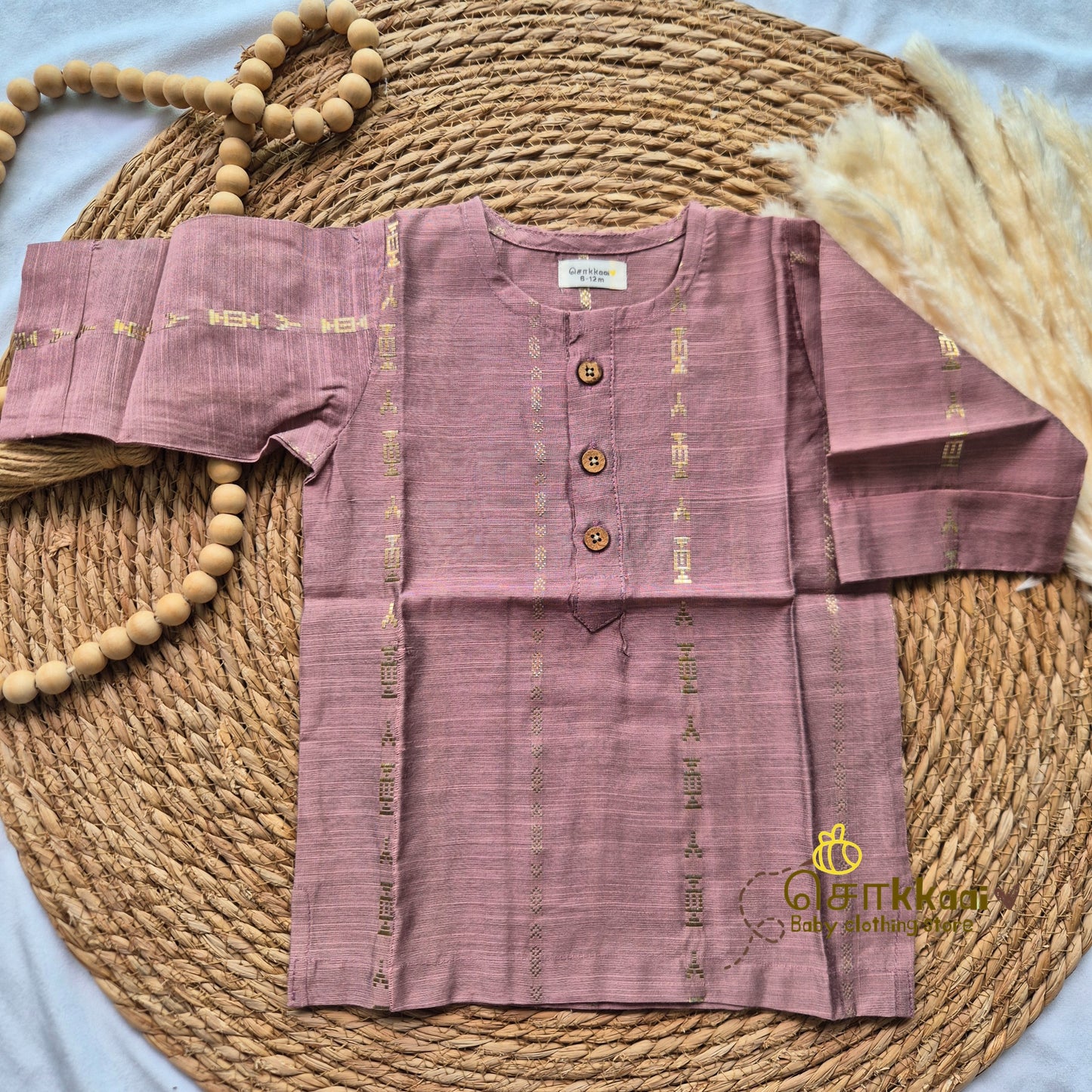 Pastel rosewood raw silk elbow sleeve kurta - (0-5years) Sokkaai