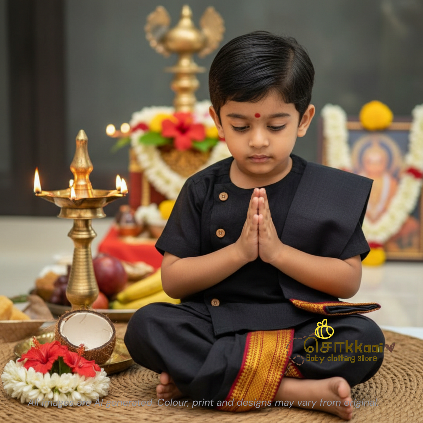 Ayyappan Set - Black Mangalgiri Cotton Dhoti set (0-5years)