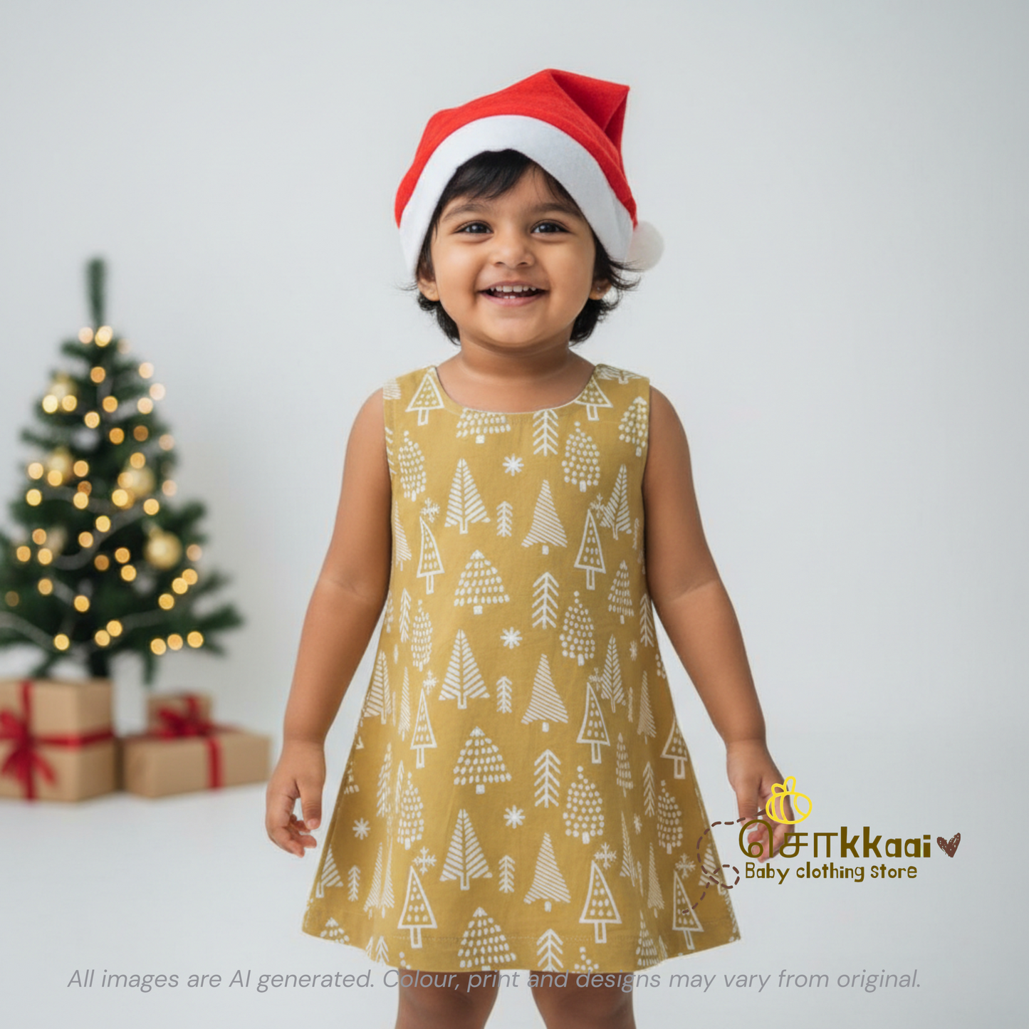 Mustard pine tree christams vibe A-line frock - (0-6years) Sokkaai
