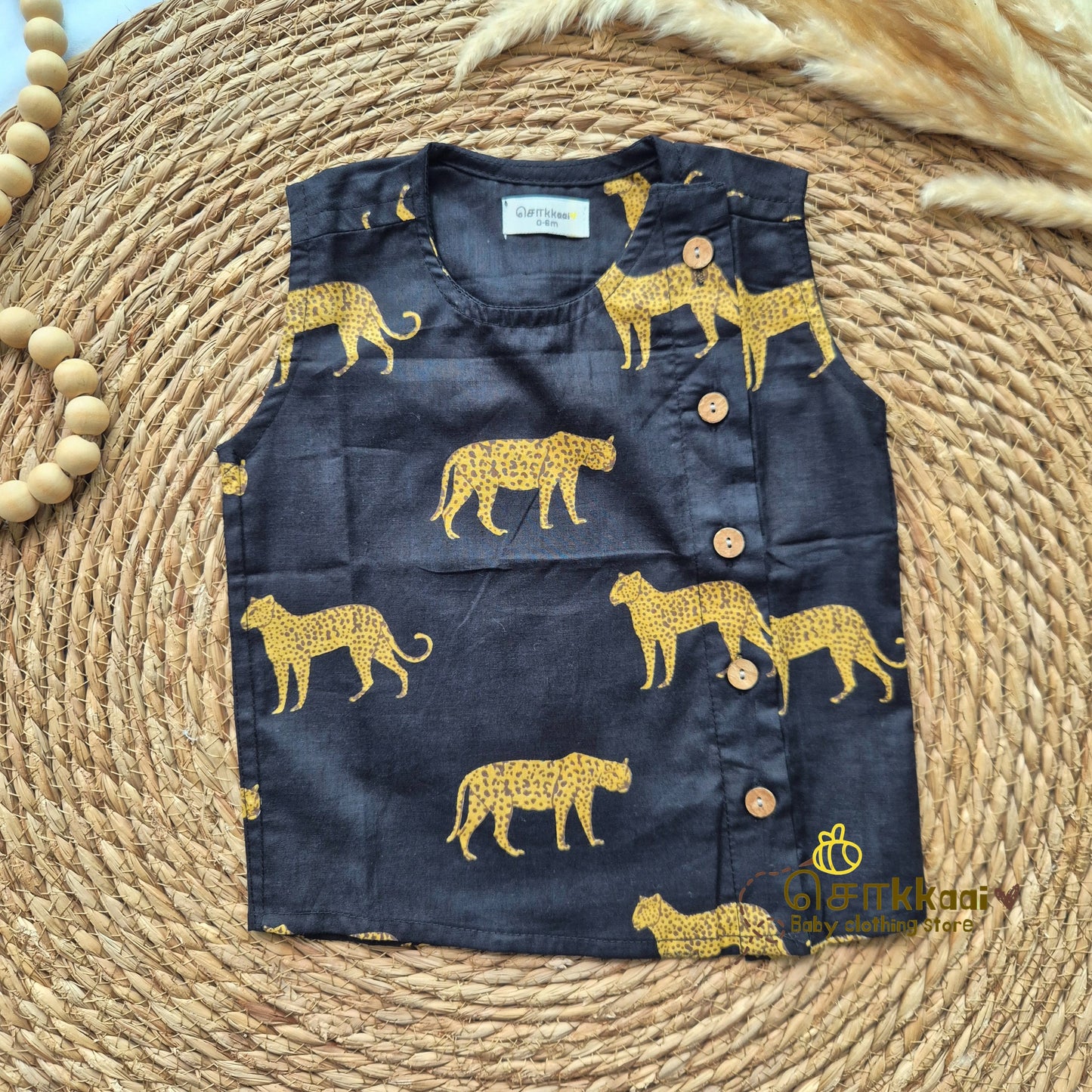 Black cheetah side button sleeveless top (0-3years) - Sokkaai