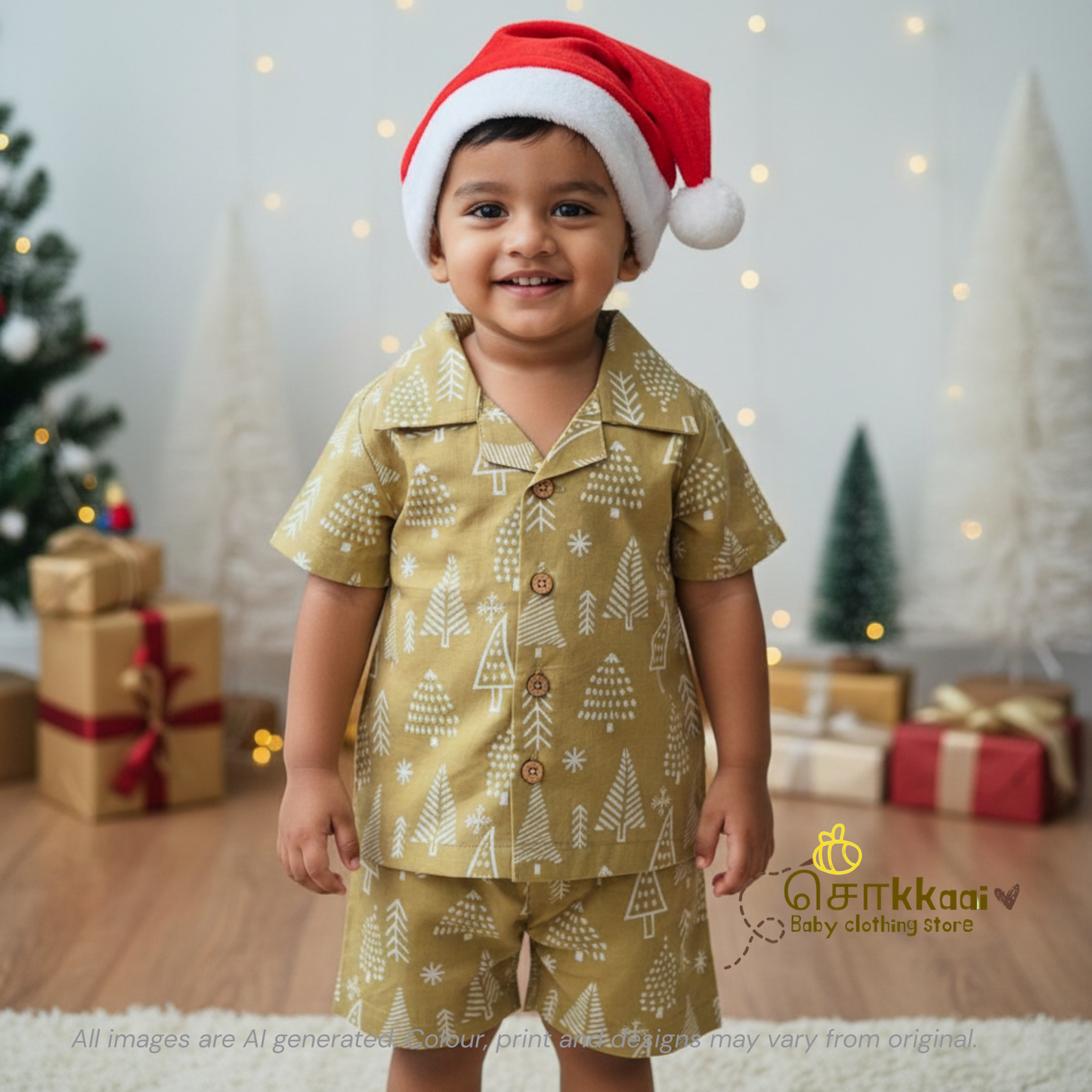 Mustard pine tree Christmas vibe coord set (0-10years) - Sokkaai