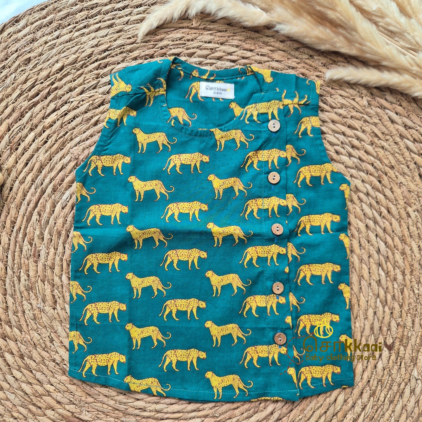 Green cheetah side button sleeveless top (0-3years) - Sokkaai