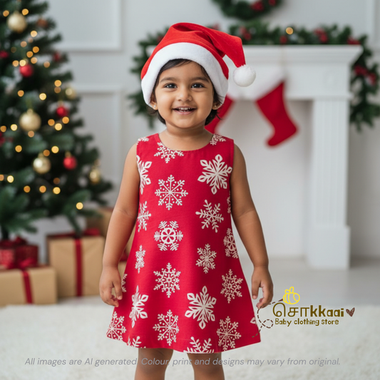 Red snowflakes christams vibe A-line frock - (0-6years) Sokkaai