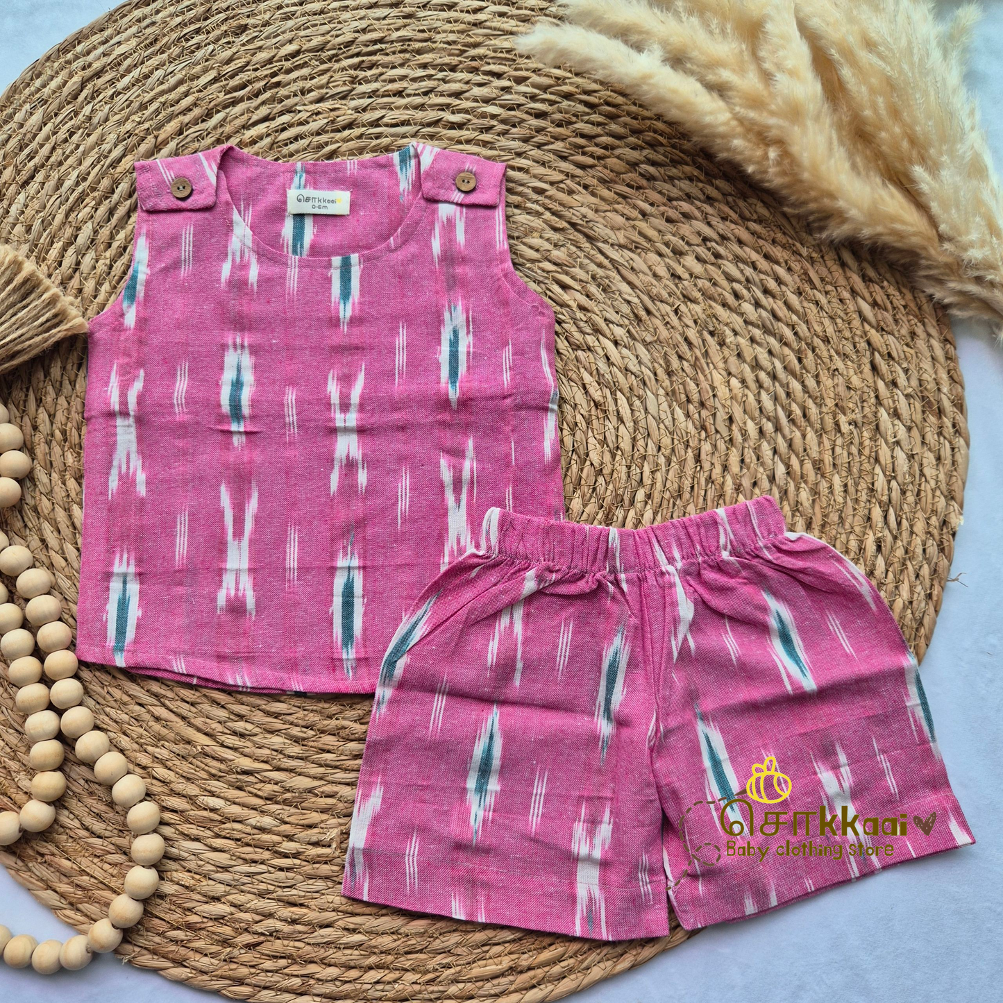Pink Ikkat cotton Coord Set (0-3years) - Unisex