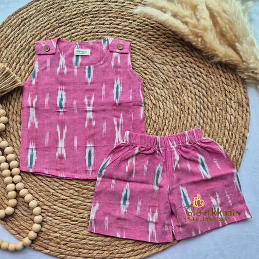 Pink Ikkat cotton Coord Set (0-3years) - Unisex