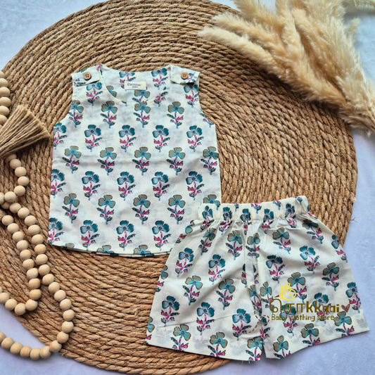 Floral block printed cotton Coord Set (0-3years) - Unisex