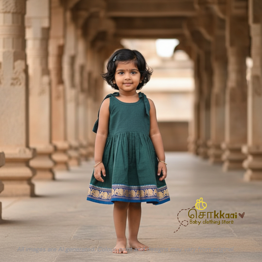 Peacock Green with Elephant tassel tie single layer frock (0-3yrs) - Sokkaai