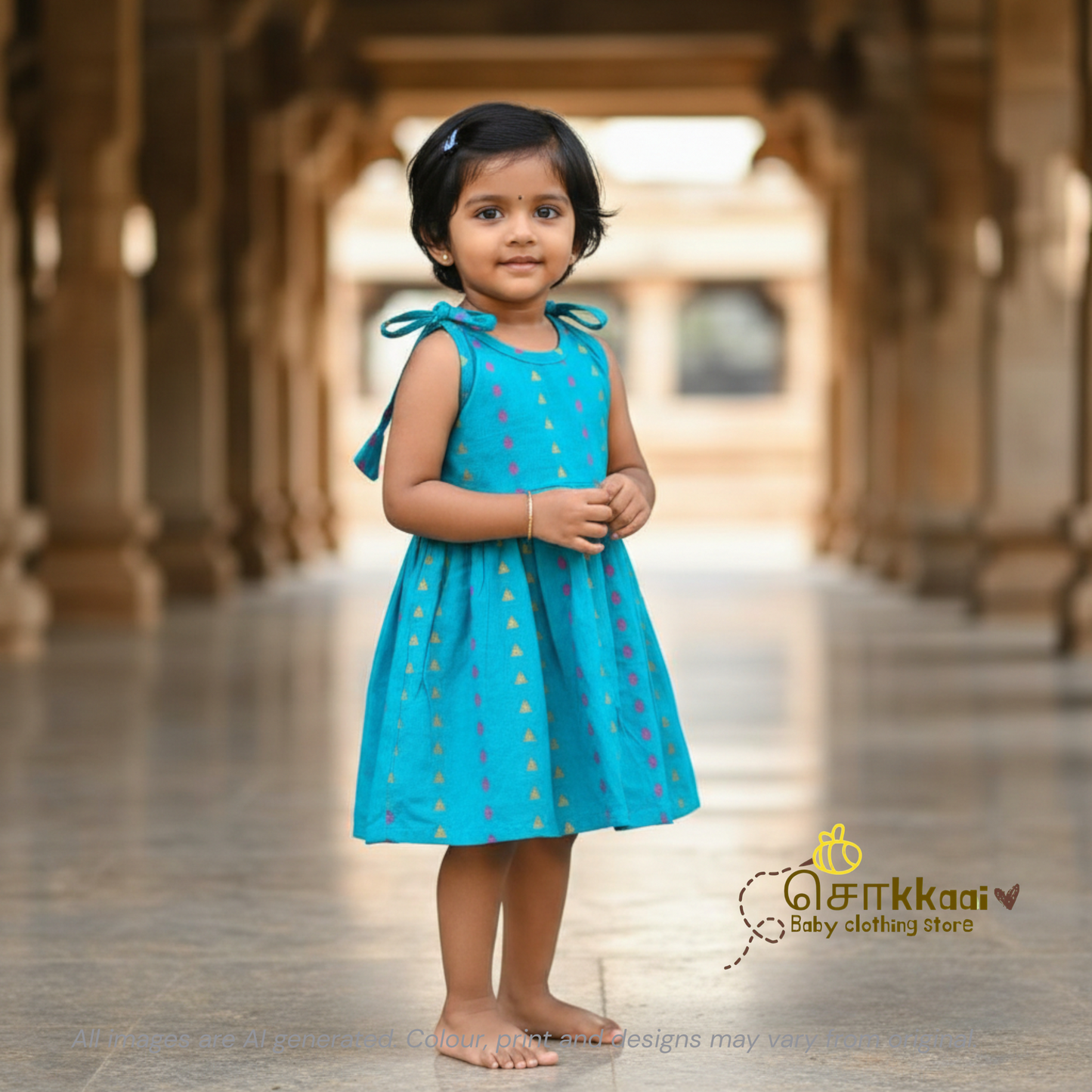 Turquoise Candy tassel tie single layer frock (0-3yrs) - Sokkaai