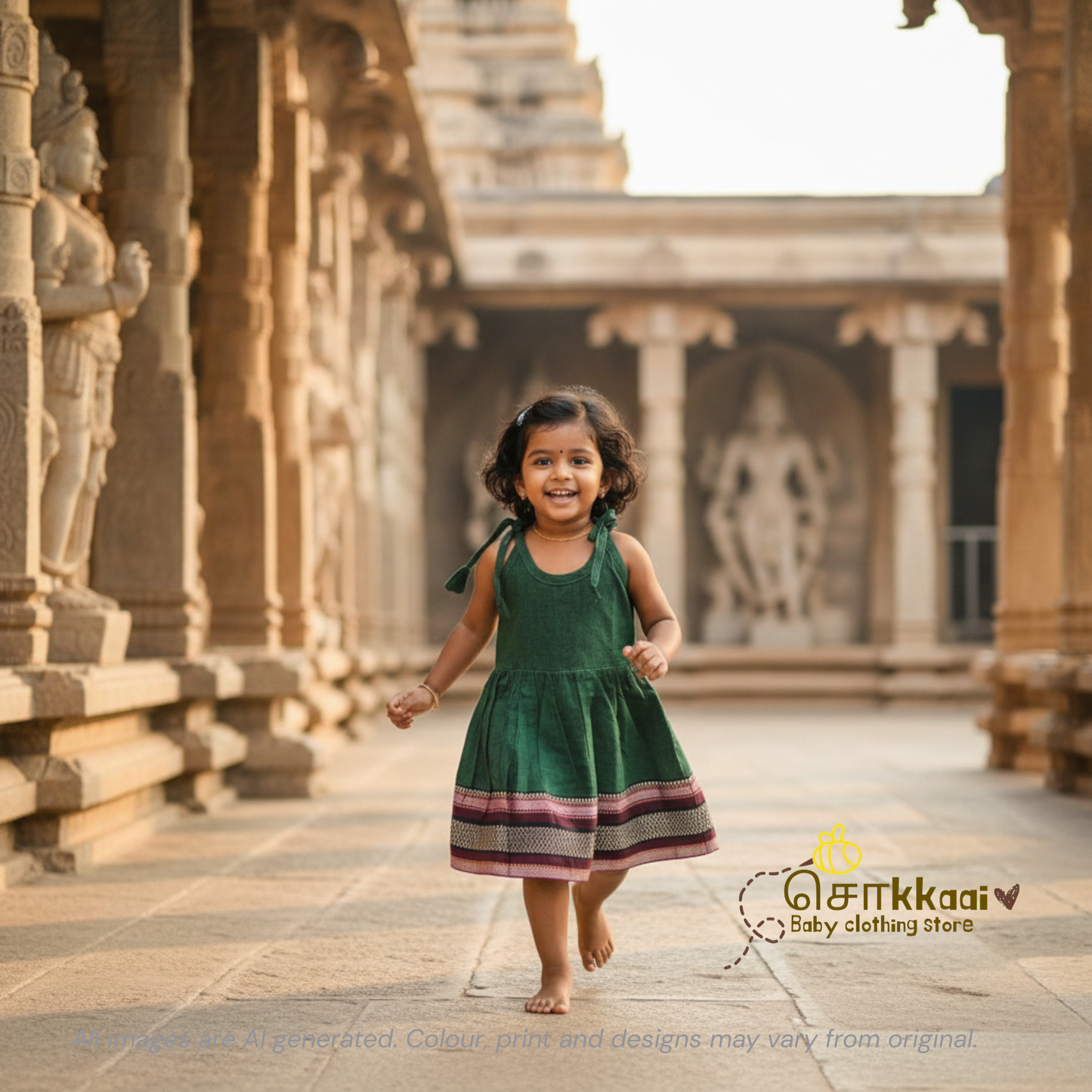 Green Temple Weave tassel tie single layer frock (0-3yrs) - Sokkaai