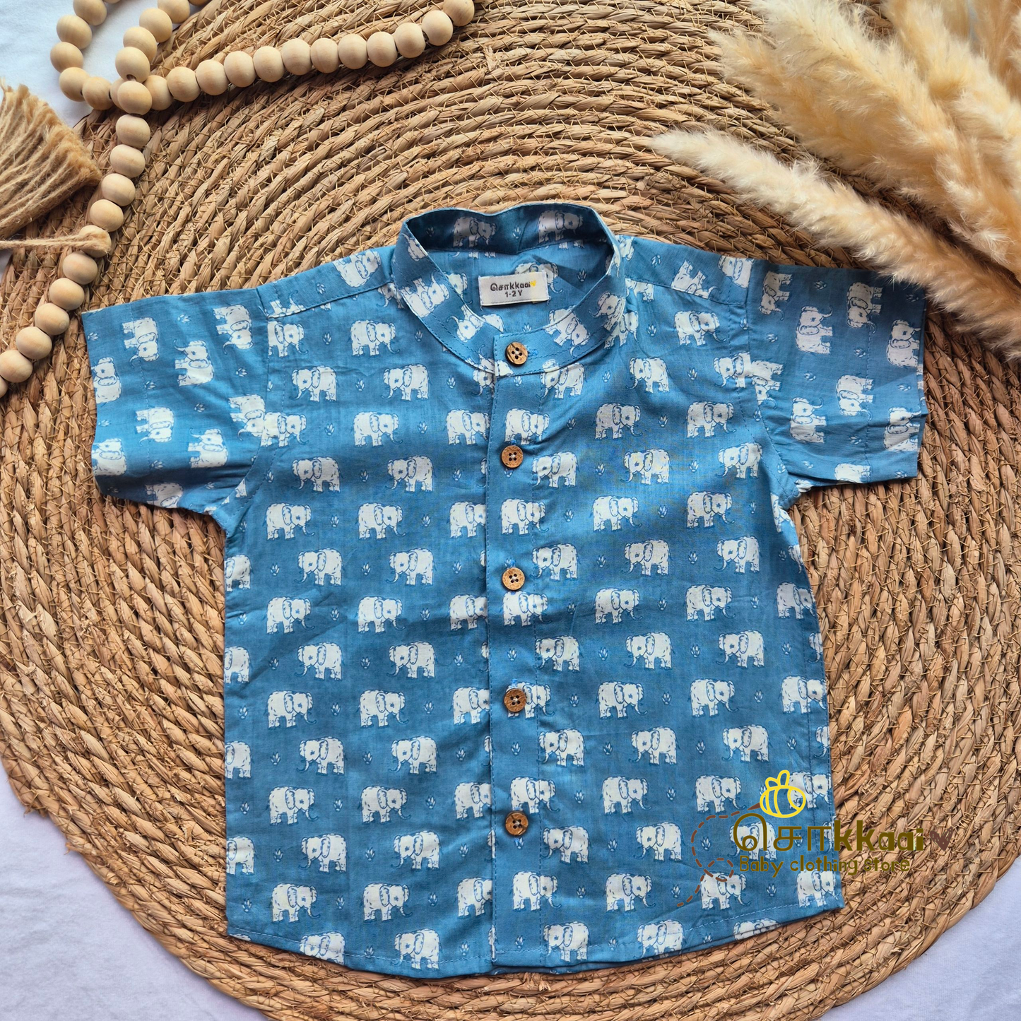 Light blue elephant Mandarin Collar Kids Shirt (6m to 5years)