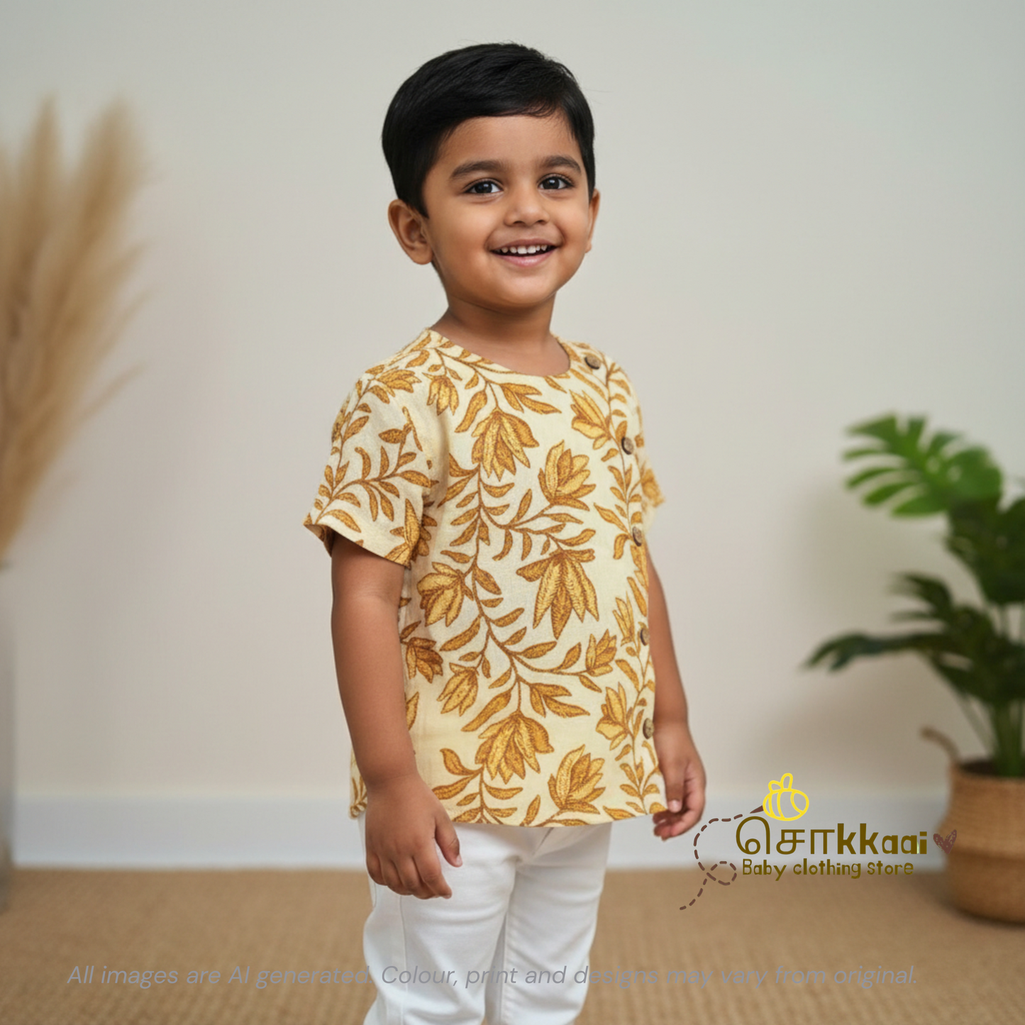 Mustard floral Short Sleeve Kurta/ Jippa (0-3years) - Sokkaai