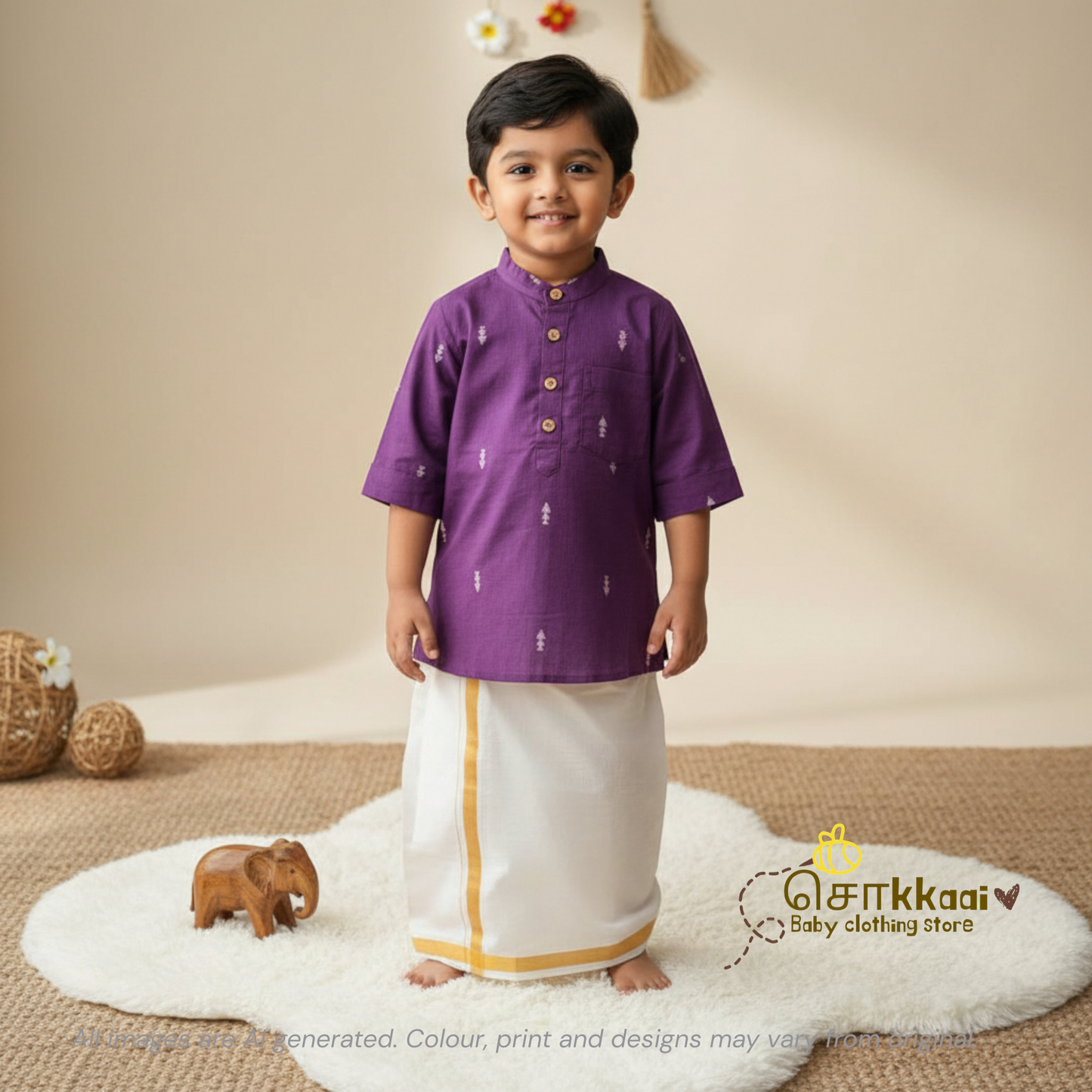 Royal purple arrow elbow sleeve kurta - (6m-12years) Sokkaai