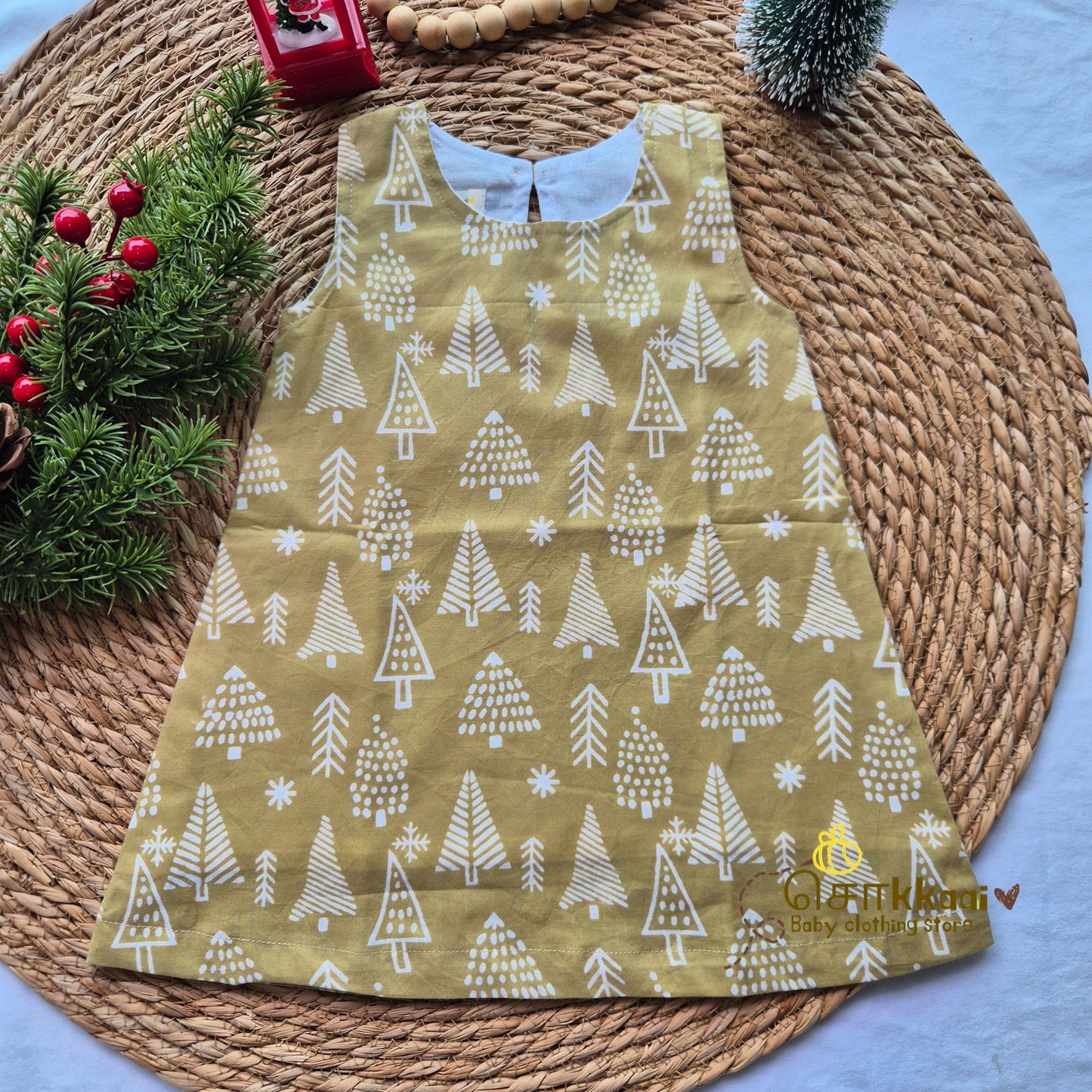 Mustard pine tree christams vibe A-line frock - (0-6years) Sokkaai