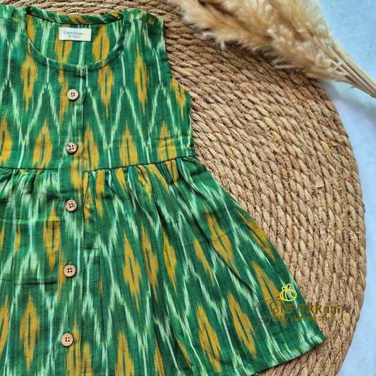 Green Ikkat  - Centre Button Girl Frock (Newborn to 3years)