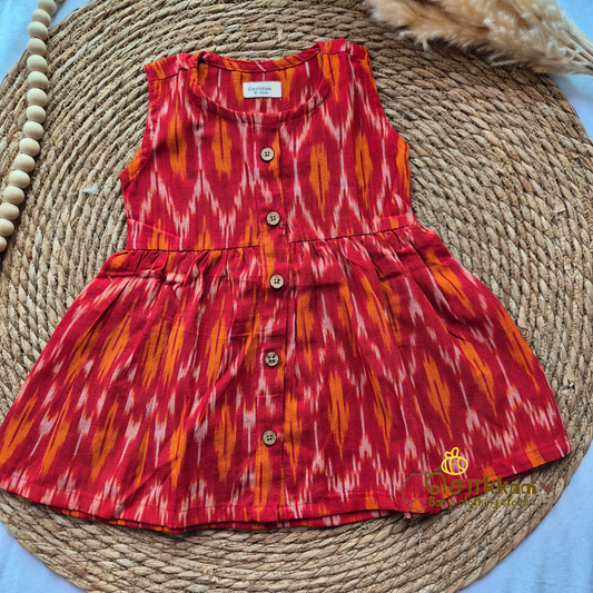 Red Ikkat  - Centre Button Girl Frock (Newborn to 3years)