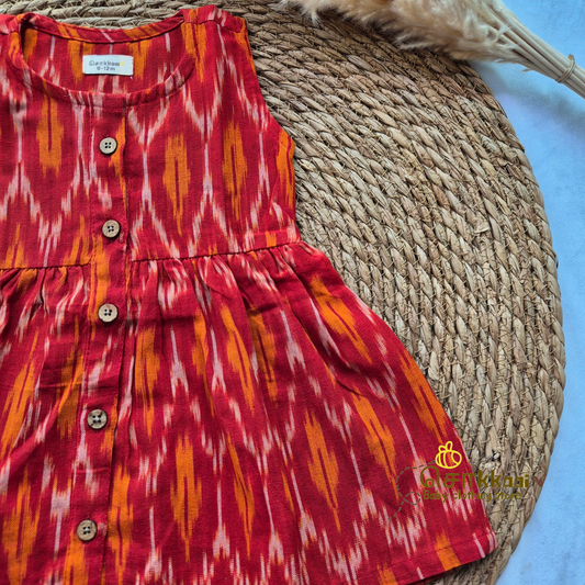 Red Ikkat  - Centre Button Girl Frock (Newborn to 3years)