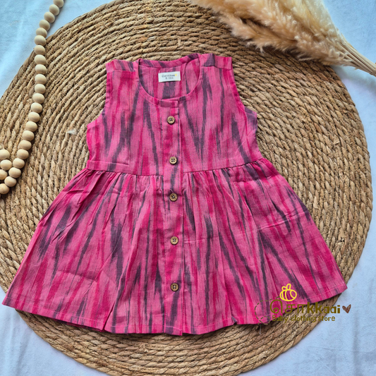 Pink Ikkat  - Centre Button Girl Frock (Newborn to 3years)