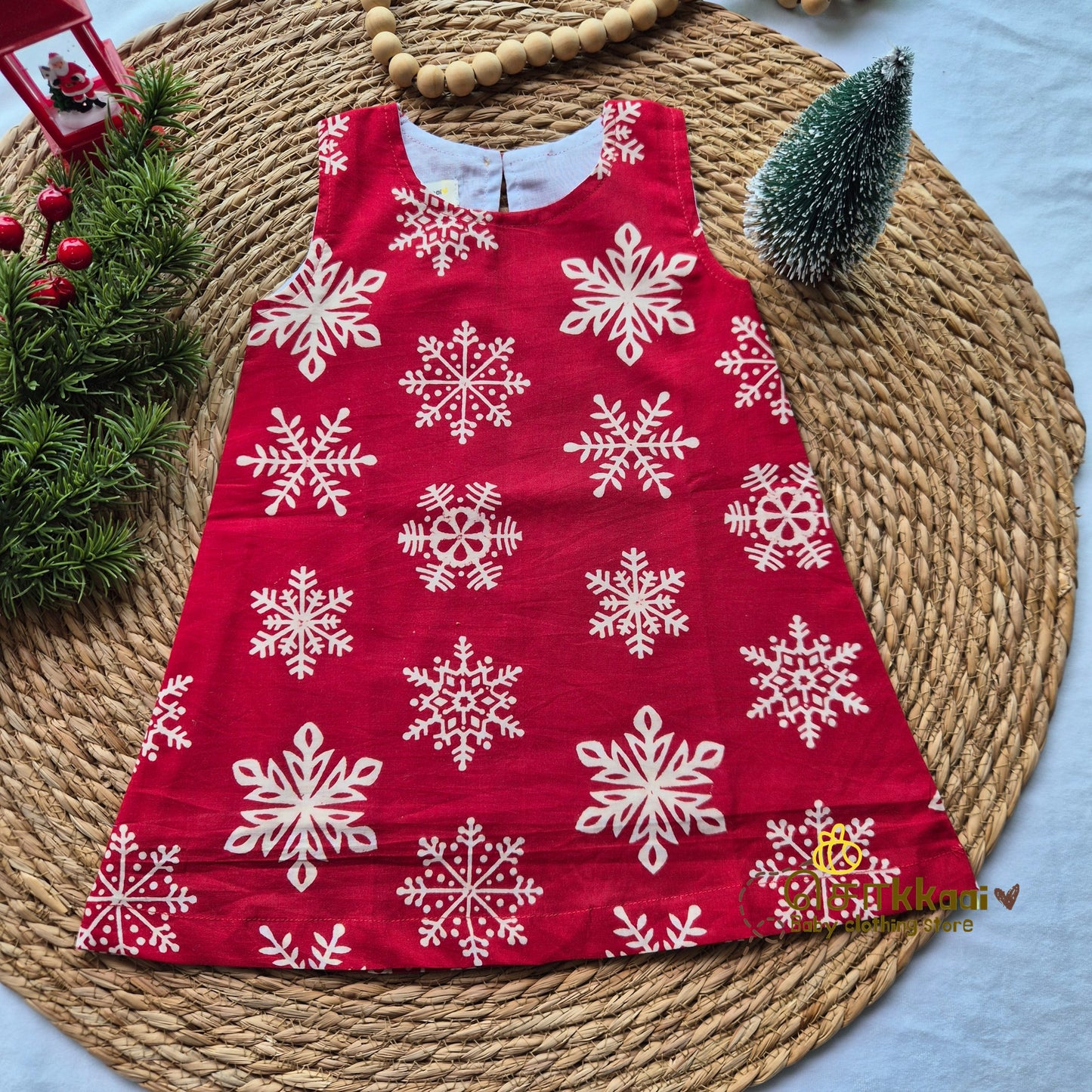 Red snowflakes christams vibe A-line frock - (0-6years) Sokkaai