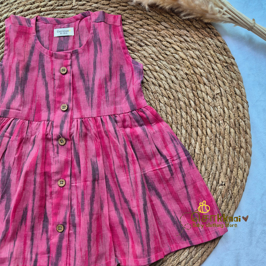 Pink Ikkat  - Centre Button Girl Frock (Newborn to 3years)