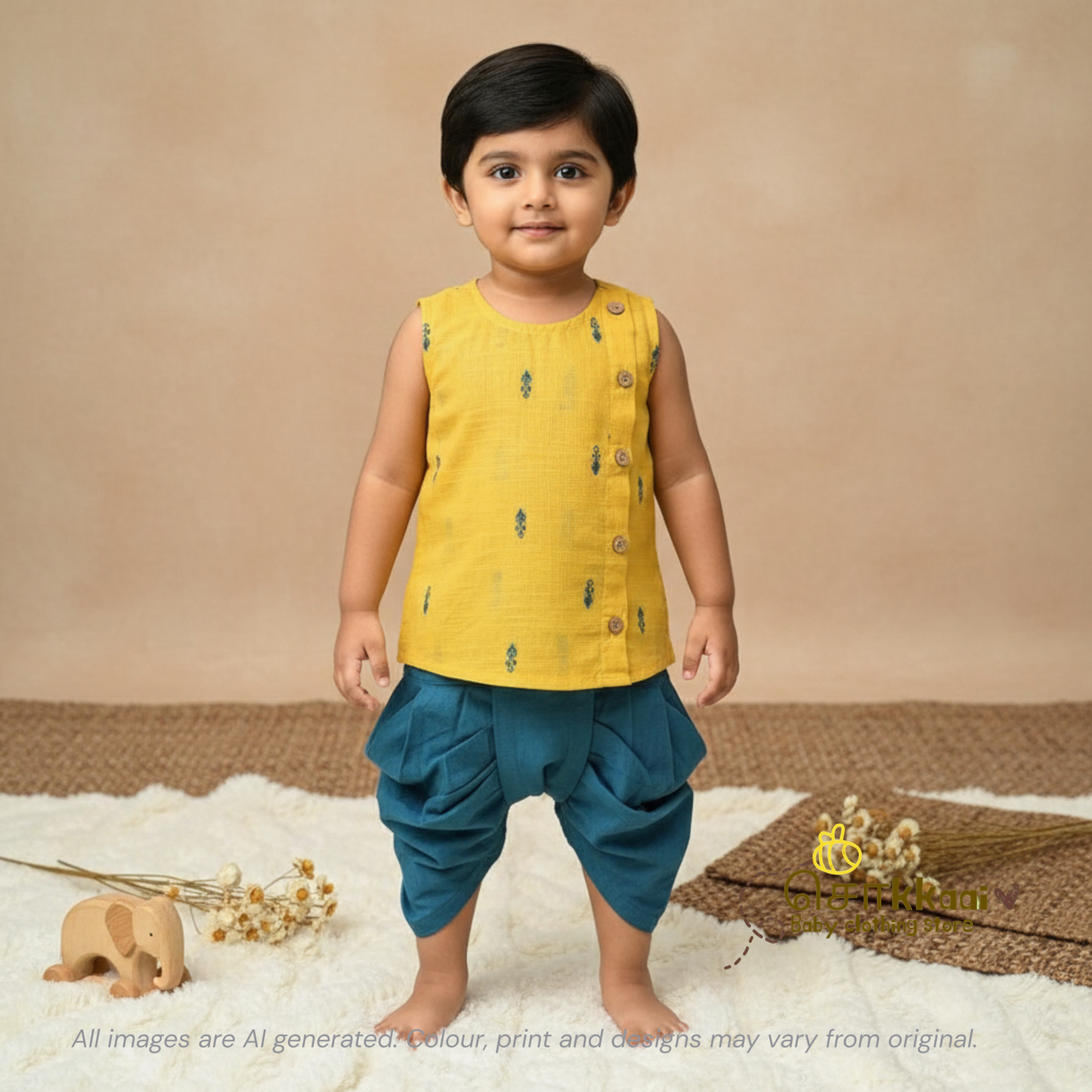 Yellow & Blue Butta Cotton Kids Dhoti Set (0-5yrs) - Sokkaai