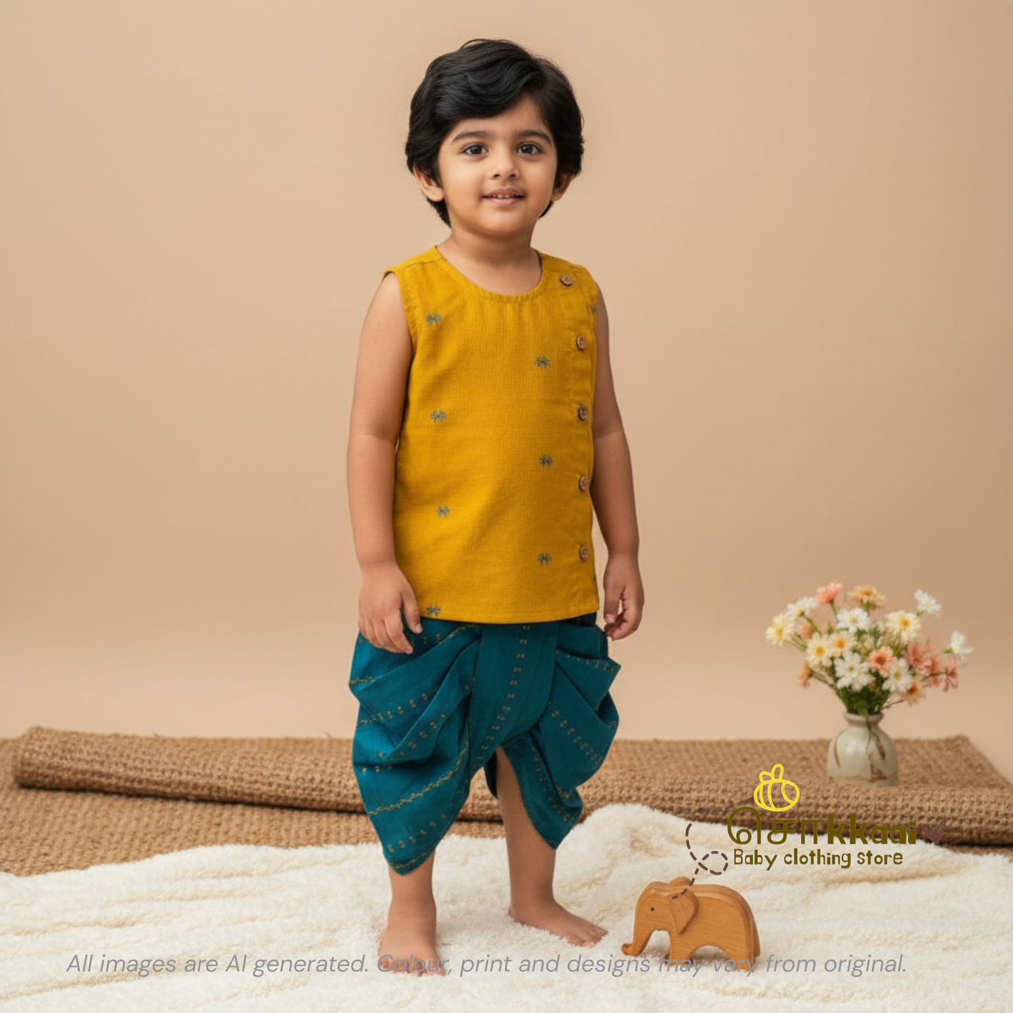 Mustard & Peacock Blue Cotton Kids Dhoti Set (0-3yrs) - Sokkaai