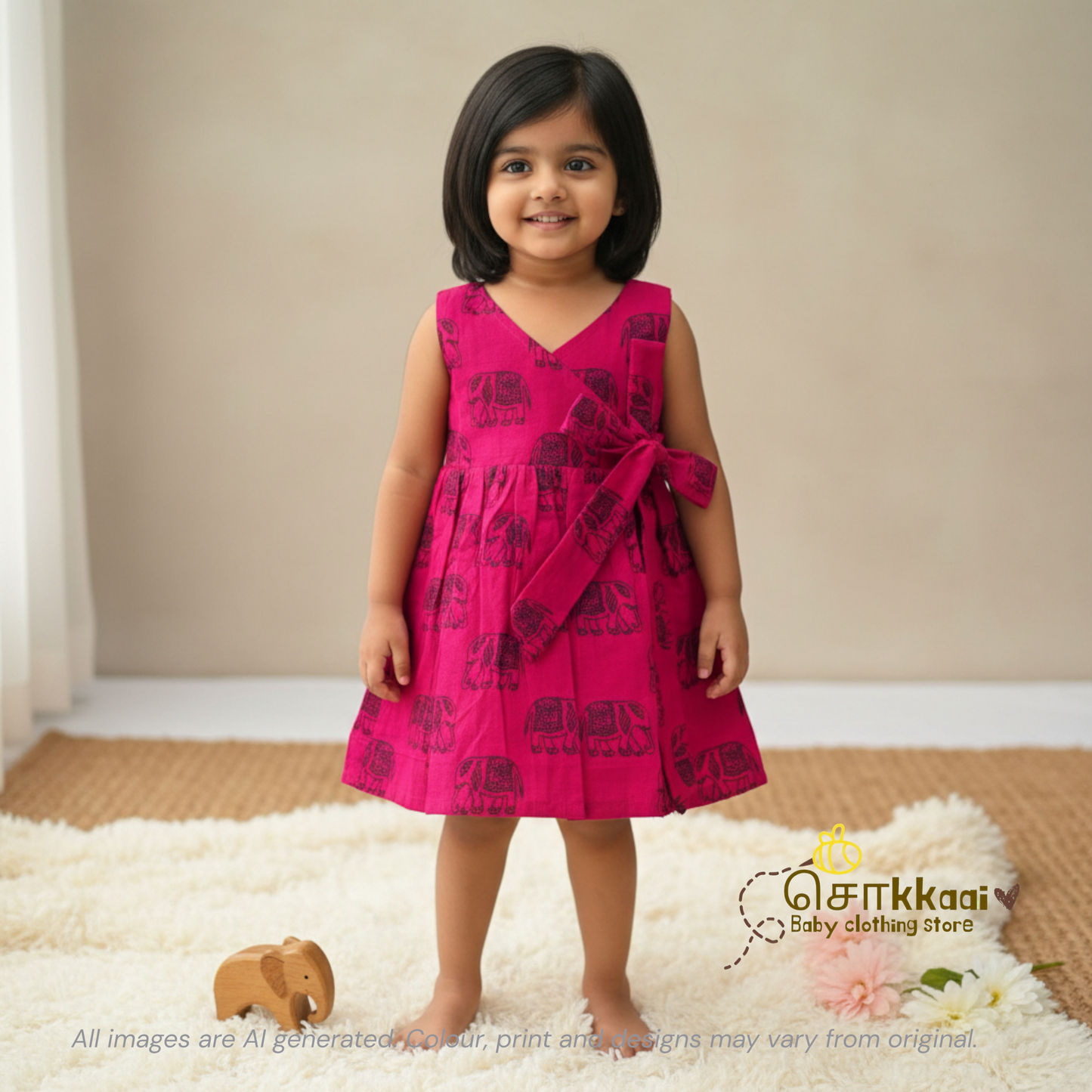 Magenta elephant printed Overlap Flared Girl Frock (0-3years) - Sokkaai