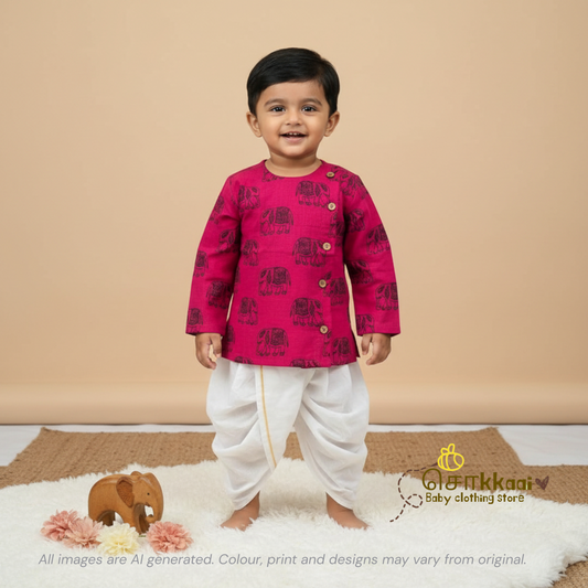 Magenta elephant printed cotton Kurta/ Jippa (0-3years) - Sokkaai