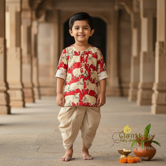 Red Pichwai Cow Cotton Kids Dhoti Set (0-5yrs) - Sokkaai