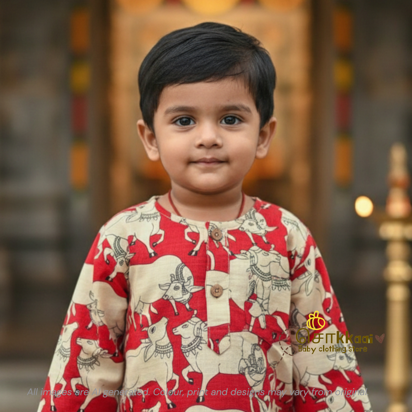 Red Pichwai Cow Mid length kurta with elbow sleeve (0-5years) Sokkaai