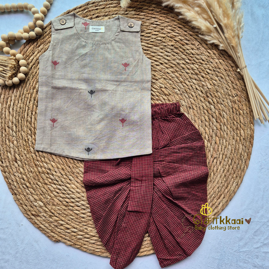 Classic Maroon with Lotus Twirl kids dhoti set (0-4yrs)