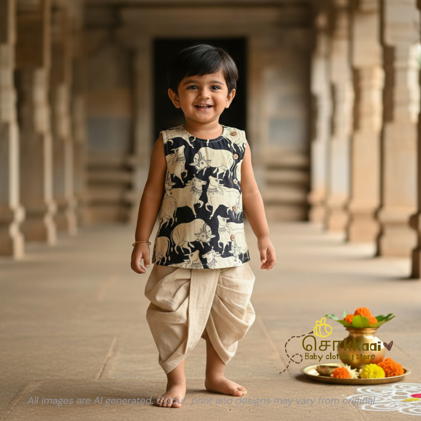 Black Pichwai Cow Cotton Kids Dhoti Set (0-5yrs) - Sokkaai