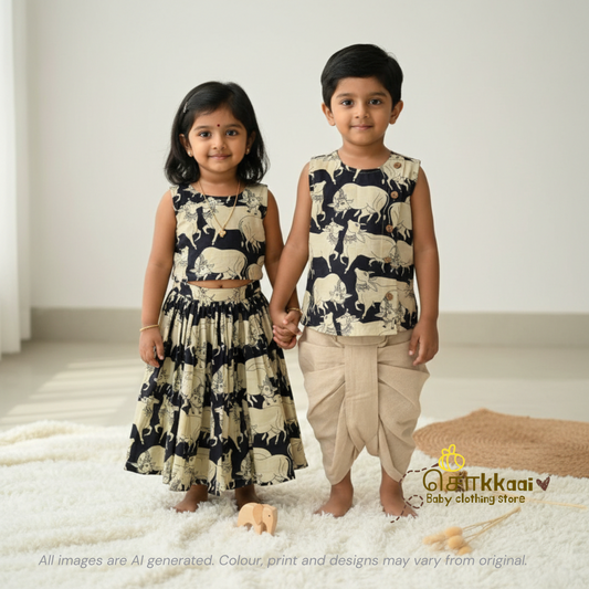 Black Pichwai Cow Cotton Kids Dhoti Set (0-5yrs) - Sokkaai