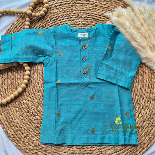 Aqua blue raw silk elbow sleeve kurta - (0-5years) Sokkaai