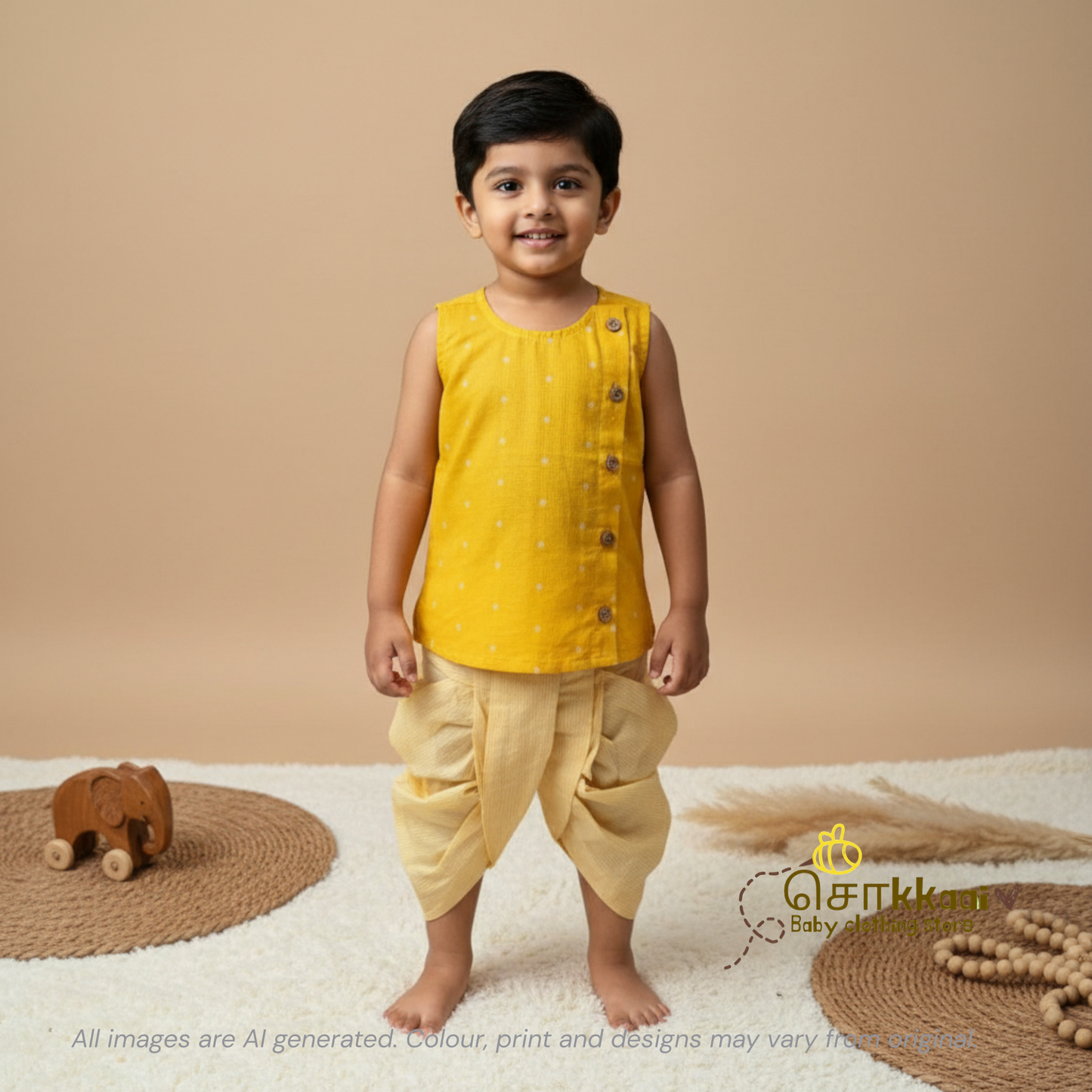 Yellow handloom & Stripes kids cotton dhoti set (0-5yrs) - Sokkaai