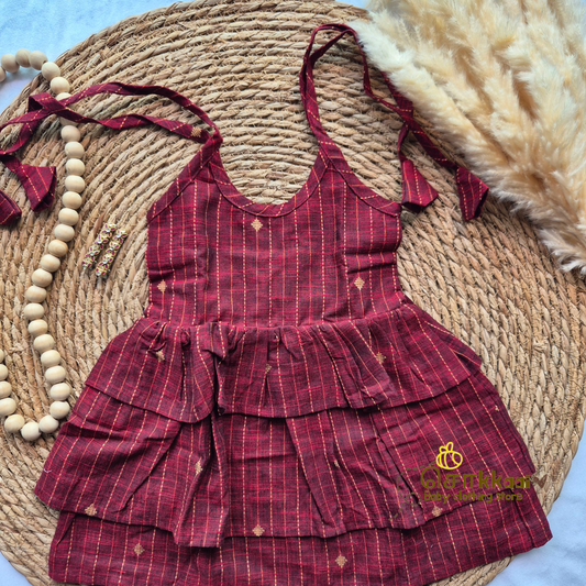 Handloom Maroon  - Tassel Tie Girl Frock (Newborn to 3years)