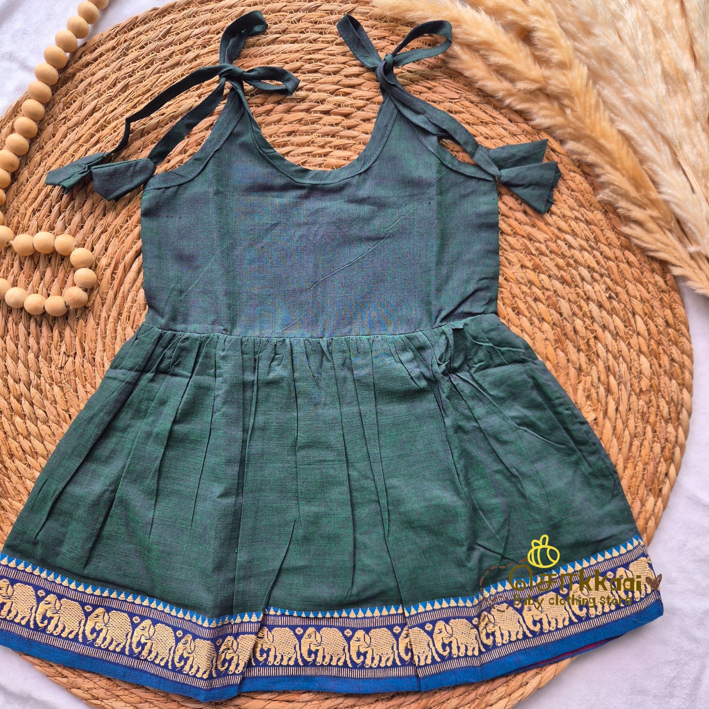 Peacock Green with Elephant tassel tie single layer frock (0-3yrs) - Sokkaai