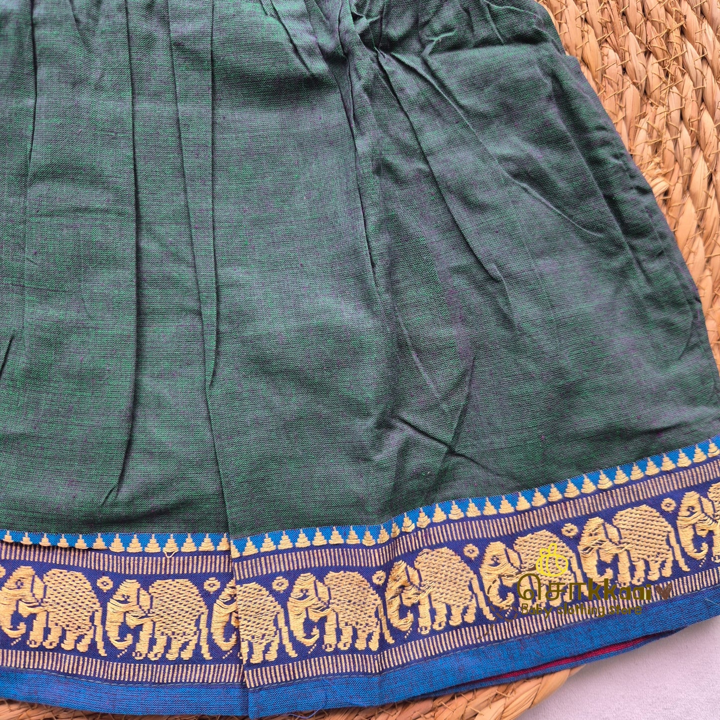 Peacock Green with Elephant tassel tie single layer frock (0-3yrs) - Sokkaai