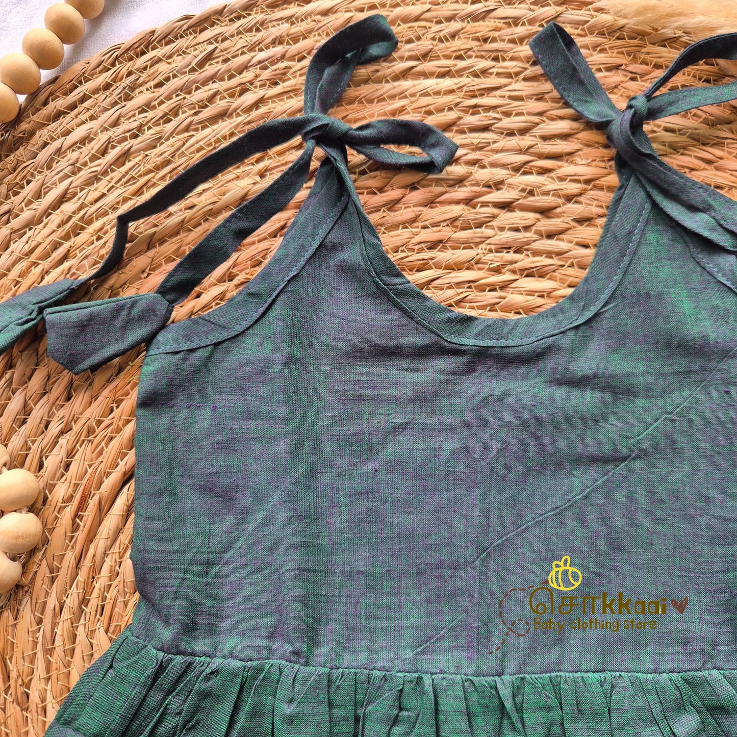 Peacock Green with Elephant tassel tie single layer frock (0-3yrs) - Sokkaai