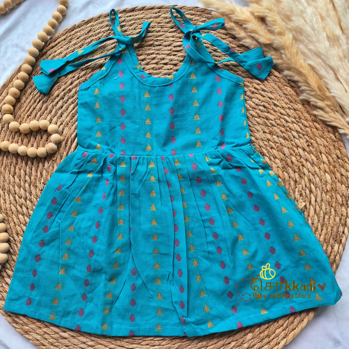 Turquoise Candy tassel tie single layer frock (0-3yrs) - Sokkaai