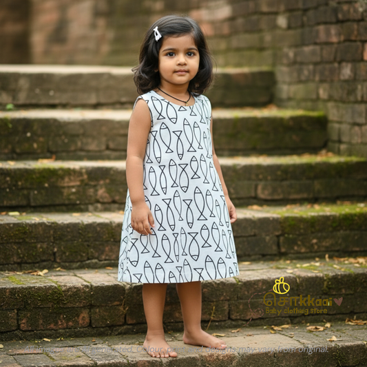 Fish Block Print A-line frock - (0-6years) Sokkaai
